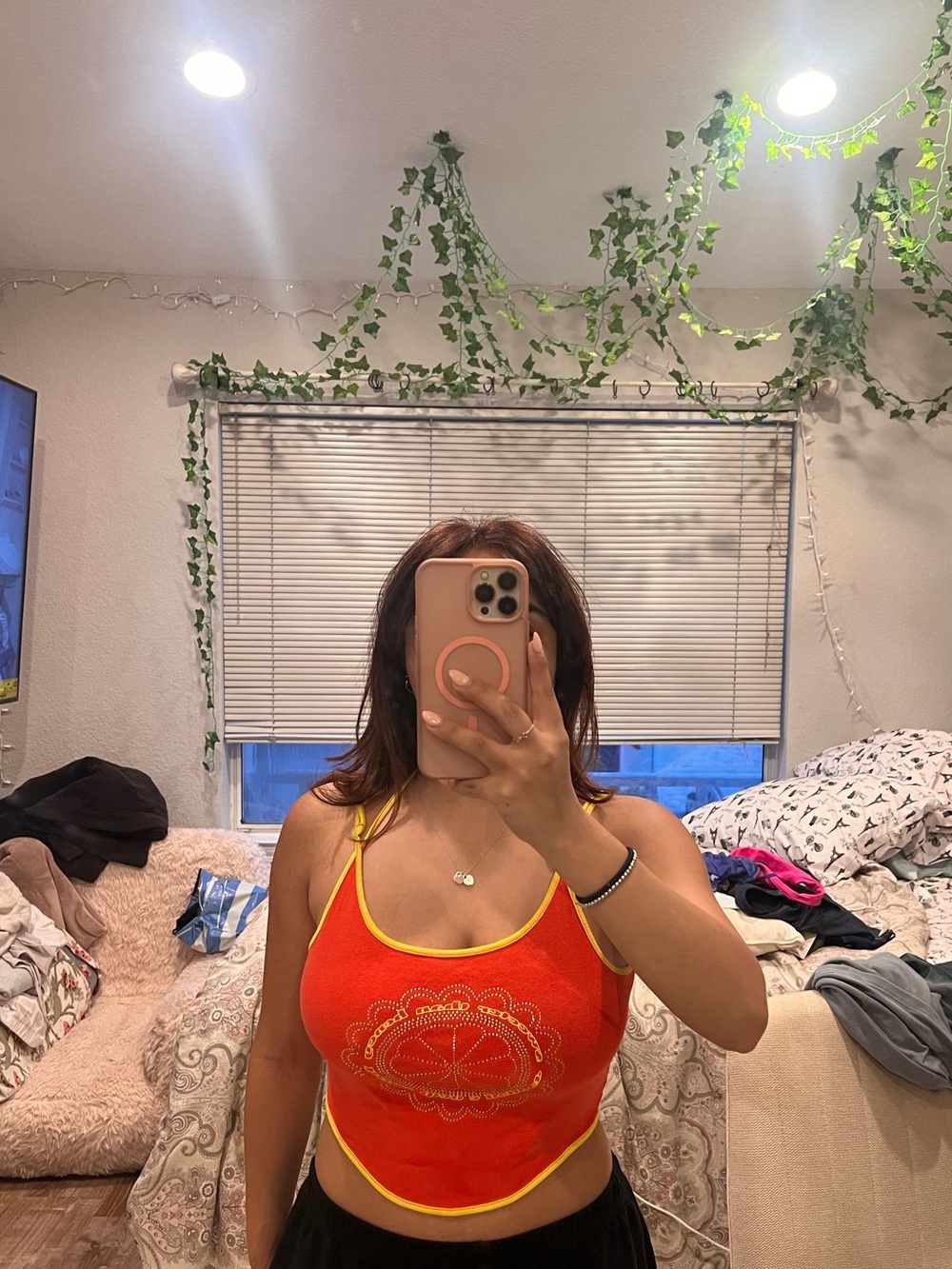 Urban Outfitters Red-Orange Cropped Tank with Yellow Trim
